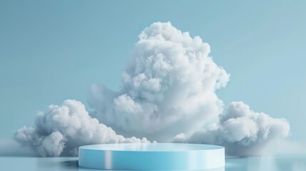 A light blue, cylindrical podium sits on a reflective surface in front of a backdrop of white fluffy clouds.