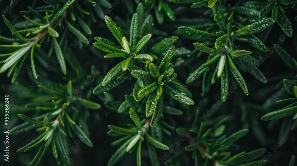 Sticker Close-up of dew-covered rosemary leaves with a dark background.