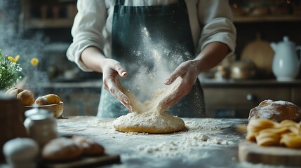 Hands flour and baking by woman in a kitchen for bread pizza or handmade food at home Wheat palm and female chef with messy fingers from cooking fun and preparing diy pasta or cake in  : Generative AI