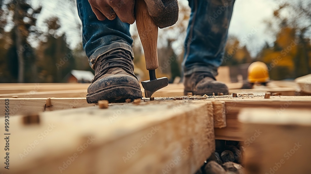 Poster man worker building wooden frame house on pile foundation carpenter hammering nail into wooden joist