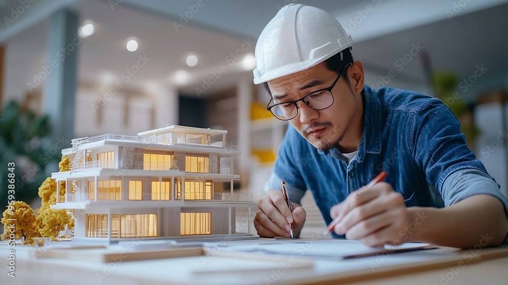 Poster top view of skilled civil engineer sitting and writing idea while looking at house model aerial view