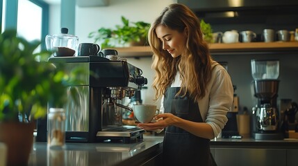 Woman preparing coffee in office kitchen : Generative AI