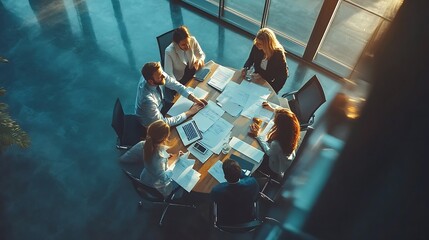 Business people group meeting shot from top view in office  Profession businesswomen businessmen and office workers working in team conference with project planning document on meeting : Generative AI