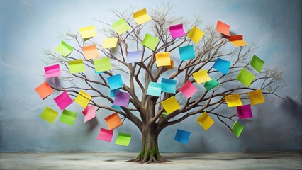 Tree of notes with various branches and colorful sticky notes, notes, tree, organization, reminder, creativity