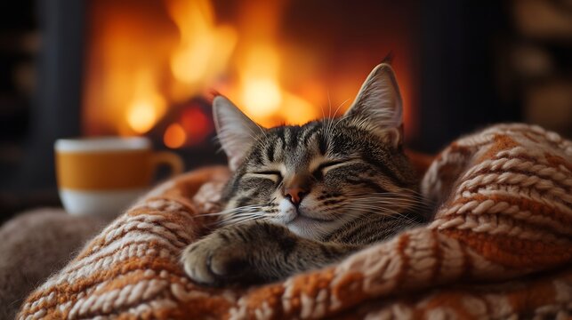 Cute cat lying on cozy blanket at fireplace close up autumn hygge Adorable tabby kitty relaxing at fireplace on background of owner in warm sweater with cup of tea in rustic farmhouse : Generative AI
