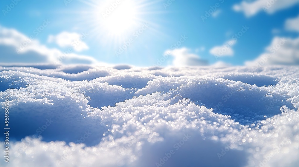 Poster white snow in sun light on light blue frosty sky bright winter backdrop background with empty snowy 