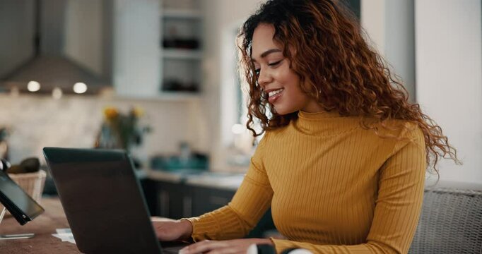 Woman, home and laptop in kitchen with smile for social media, online ebook or networking. Happy lady, remote work and internet or research for entertainment, communication or freelance blog post