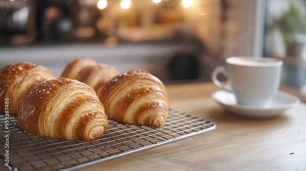 Poster breakfast view a bunch of croissant on a cooling rack and a cup of coffee cozy home cafe vibe with w