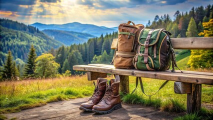 Retro hiking gear including a backpack and boots displayed on a wooden bench in the Bavarian Forest, Germany