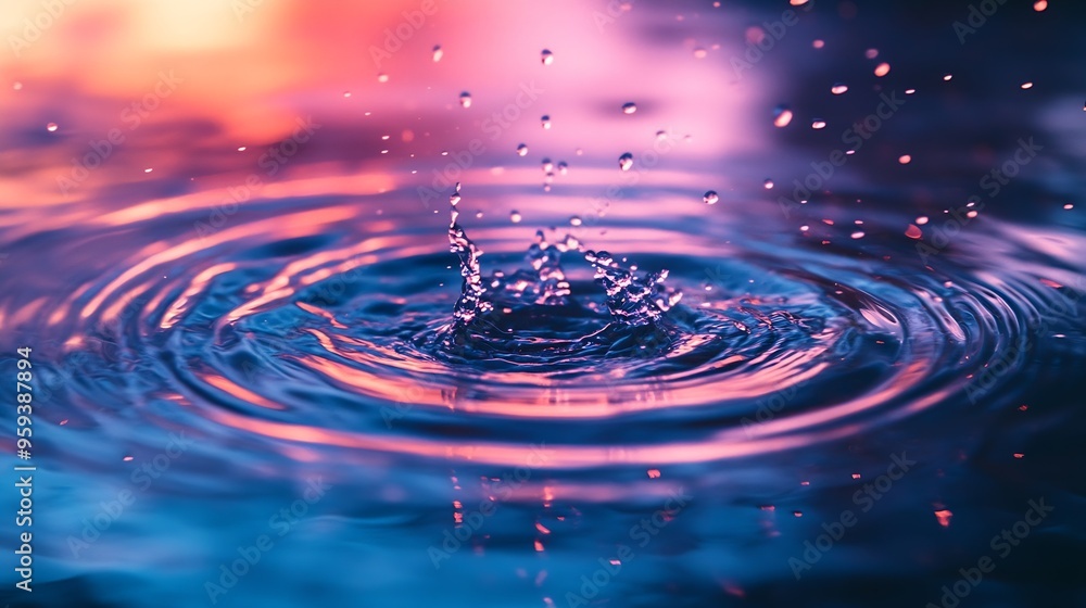 Aufkleber Circular wave rings reflecting sky and surrounding Rain drops splashing into water surface causing concentric ripples Bad weather conditions Germany Colorful macro close up with select : Generative AI