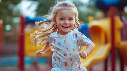 Child running on the playground girl playing games kid 4 years old happy emotions family vacations lifestyle weekend outdoor : Generative AI