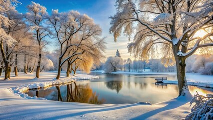 Winter landscape in the park with snow-covered trees and a frozen lake , winter, park, snow, trees, frozen, lake, cold