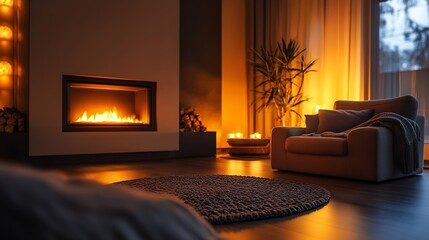 Stylish living room with beautiful fireplace armchair and different decor at night Interior design : Generative AI
