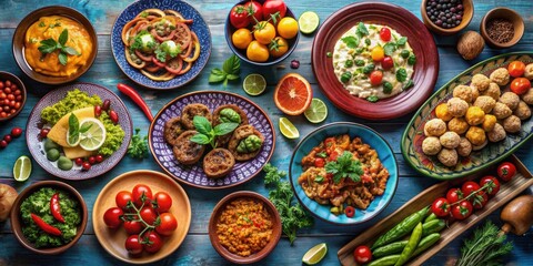 Fototapeta premium Vibrant and colorful Mediterranean dishes displayed beautifully on a table
