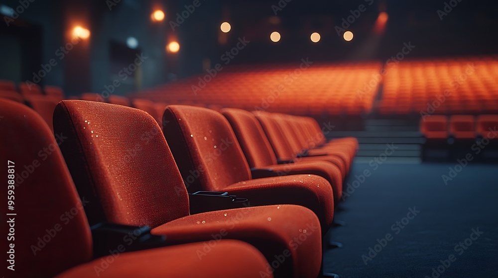 Fototapete close up of orange red seats in dark empty cinema hall with copy space background with rows of chair