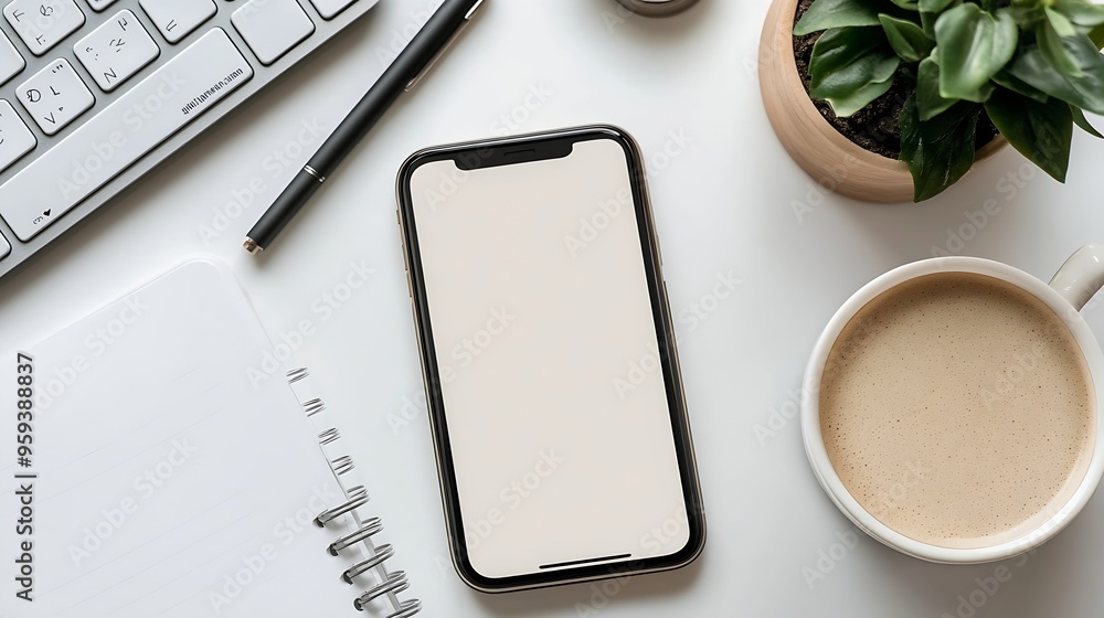 Aufkleber Flat lay mobile phone with empty screen coffee cup notepad and keyboard on white table Top view with copy space : Generative AI