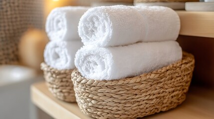 White bath towels rolled in woven jute basket on wooden shelf bathroom arrangement storage top view Stack of clean textile softness spa fluffy domestic laundry box storage cleanup fold : Generative AI