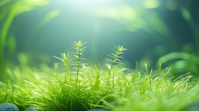 Selective focus of a dwarf spikerush Eleocharis parvula isolated on a fish tank with blurred background  also known as small spikerush and hairgrass : Generative AI