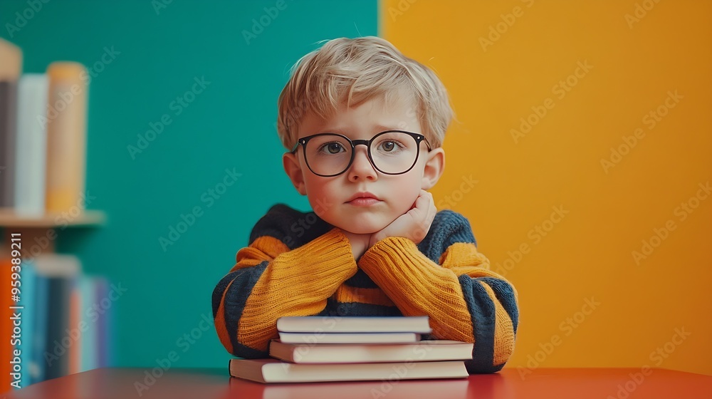 Poster cute little boy in eyeglasses with stack of book sitting at table against color wall : generative ai