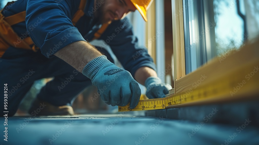 Aufkleber Technician worker in uniform using measuring tape tool to measuring wood window in the home construction site repair and fix for problem in the house : Generative AI