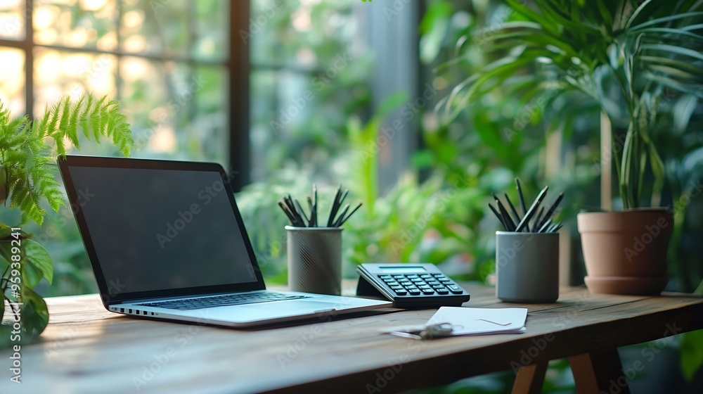 Leinwandbilder Workspace relaxing chill out work for office and laptop computer Calculator and other stationary on wood table with green garden background  working concept : Generative AI
