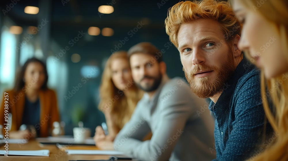 Poster Professional project managers group negotiating in boardroom at meeting Boss discussing with creative team the concept of business strategy in their project Fun at work Copy space : Generative AI