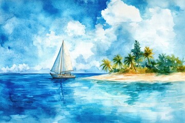 Fototapeta premium A serene watercolor scene depicting a sailboat near a tropical island with palm trees under a bright blue sky.