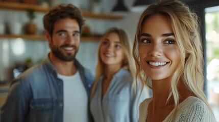 Obraz premium Young couple follow a real estate agent who is giving them a tour around a home showing all the room and telling about all the advantage of living Buying house or apartment concept : Generative AI