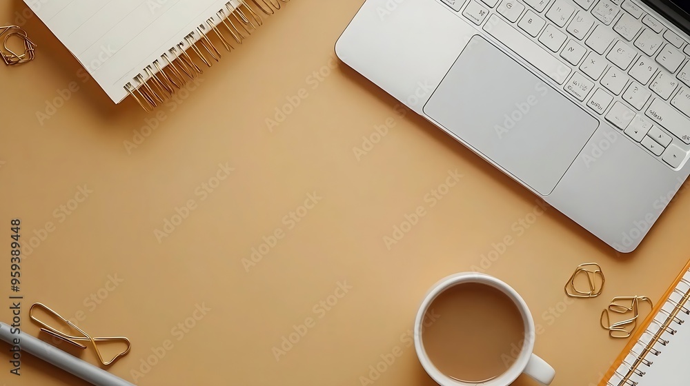Poster overhead above close up flat lay view photo of laptop keyboard cup of beverage sticker binder clips 