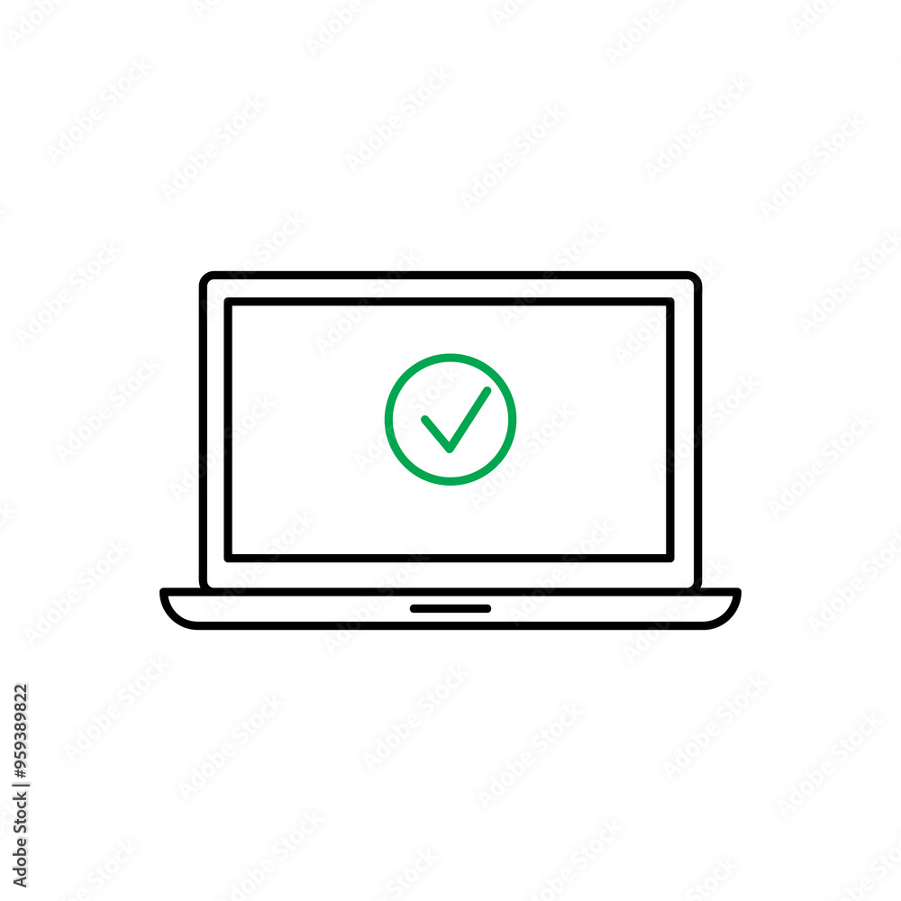 Poster linear laptop with green check mark. okay system update process trendy style illustration..eps