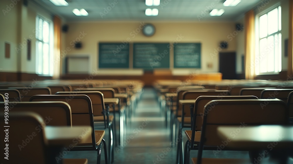 Aufkleber Empty defocused university classroom Blurred school classroom without students with empty chairs and tables Business conference room : Generative AI