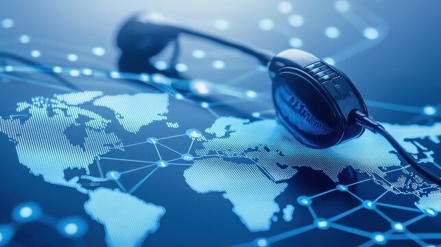 Global Connection   Headset on World Map with Network Connections