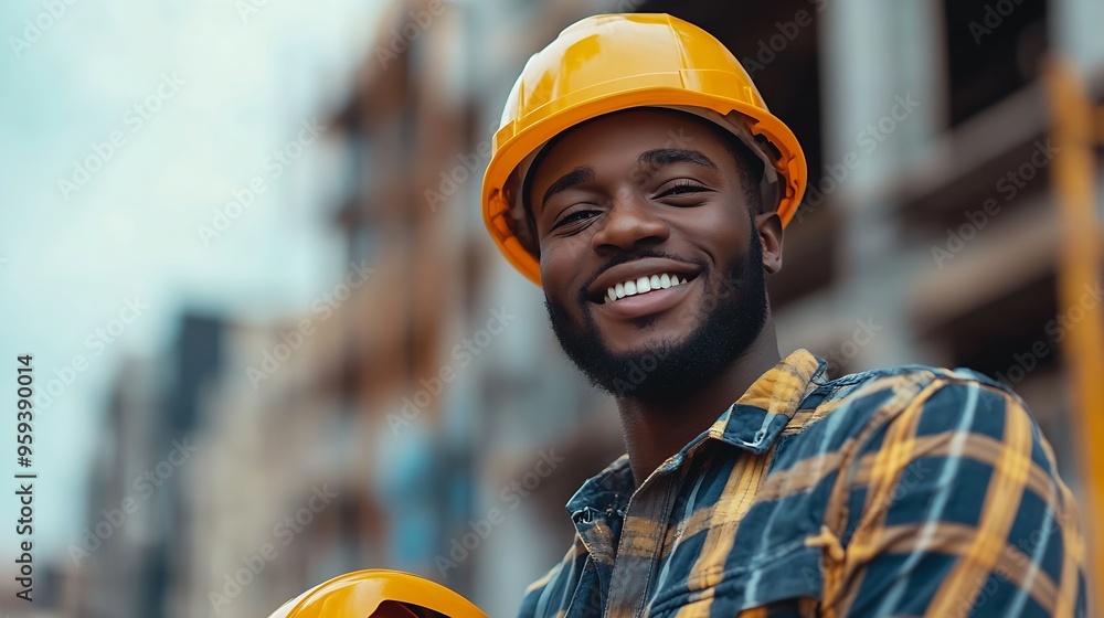 Poster helmet is in hands of builder hardhat for head protection man builder smiles as he holds out his hel