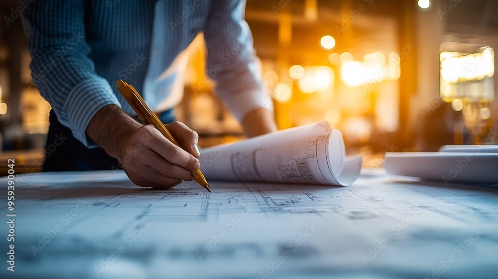 Poster engineers work on construction drawings and safety systemsbuilding construction puts safety first : 