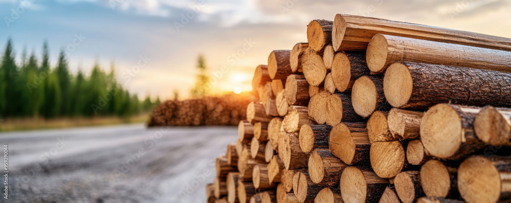 Poster close-up of a large stack of cut logs in a forest, with a sunset creating a warm, glowing background