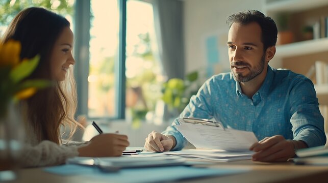 Budget financial advisor or couple at table in meeting for insurance policy update or paper in office Broker negotiation or consultation with people for investment future plan or contr : Generative AI