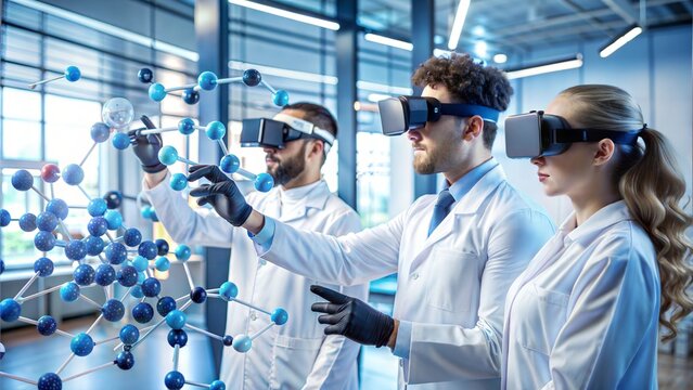 Biotech researchers using virtual reality to manipulate molecular structures in a futuristic lab
