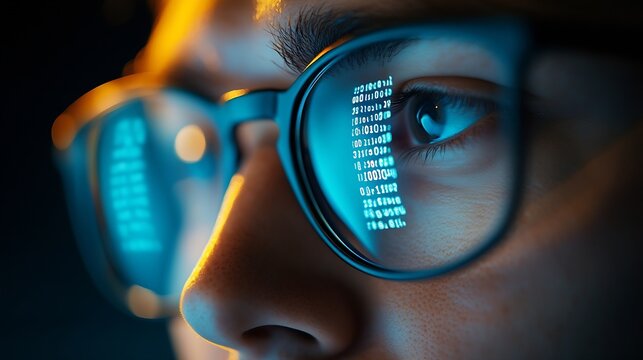Closeup portrait of focused software engineer wearing eyeglasses looking at computer screen working with big data Programming code reflecting in glasses Data science Machine Learning A : Generative AI