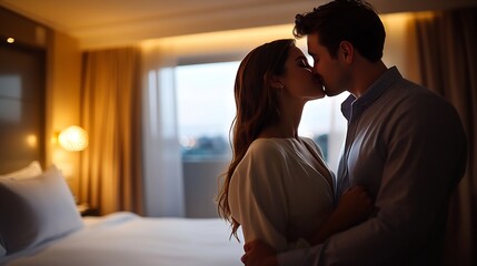Horizontal photo with copy space of a happy couple kissing in a luxury hotel room upon arrival : Generative AI