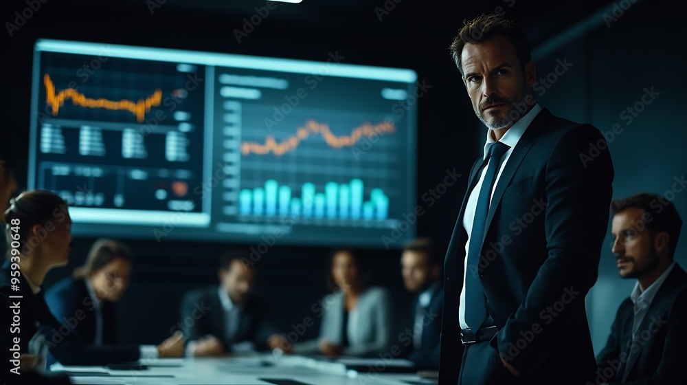 Poster A business leader presents financial data to his team during a meeting in a modern office Leader stands near a large screen displaying a chart while the team members sit at a table in  : Generative AI