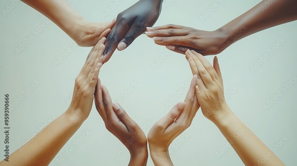 Poster conceptual symbol of multiracial human hands making a circle on white background with a copy space i
