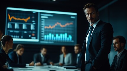 A business leader presents financial data to his team during a meeting in a modern office Leader stands near a large screen displaying a chart while the team members sit at a table in  : Generative AI