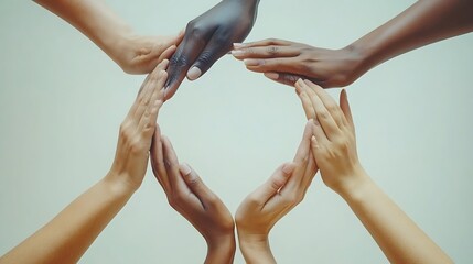 Conceptual symbol of multiracial human hands making a circle on white background with a copy space in the middle The concept of unity cooperation partnership teamwork and charity : Generative AI