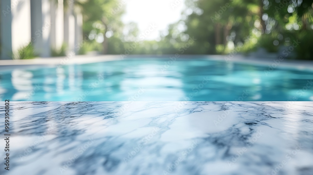 Aufkleber white marble top with blurred empty Swimming pool background can be used for mocking up or display product to make advertising : Generative AI