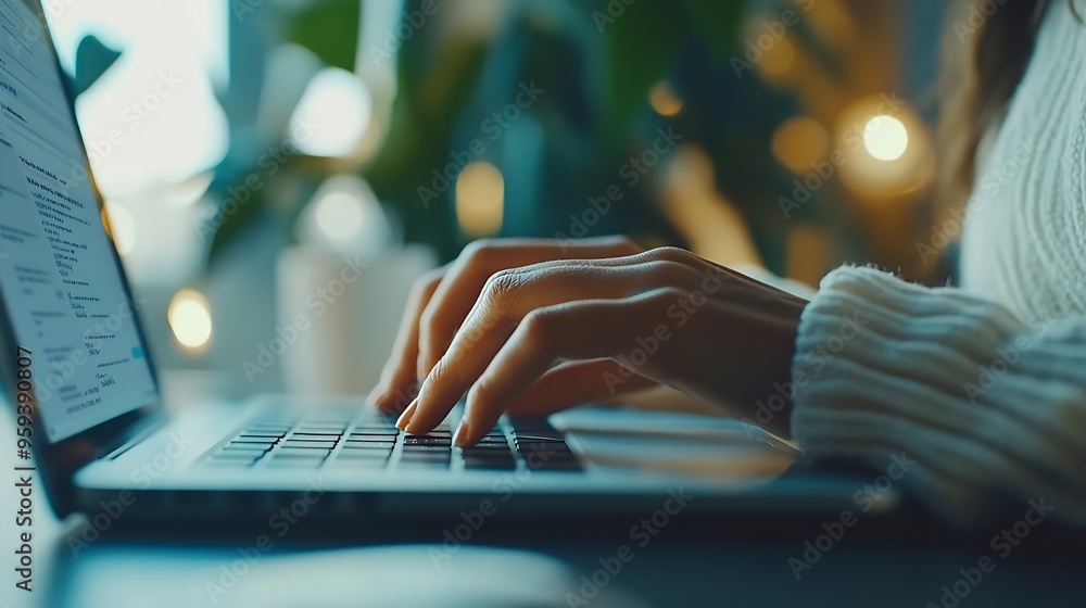Poster Close up image of woman hands typing on laptop computer keyboard and surfing the internet on office table online working business and technology internet network communication concept : Generative AI