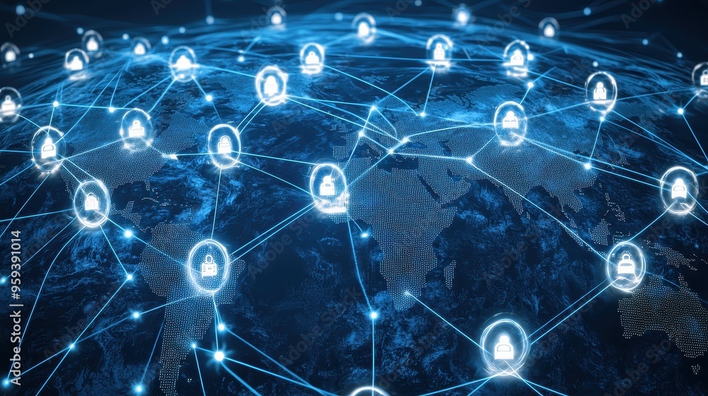 Poster global network with security icons on earth map