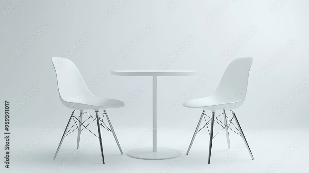 Poster white round table and two chairs isolated on a white background : generative ai
