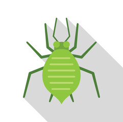 Green aphid insect pest bug icon illustration, with long shadow, isolated over white background
