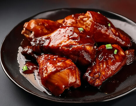 Chicken thighs marinated and cooked in adobo sauce. National filipino dish.