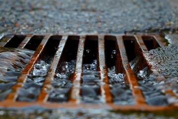 Rainwater streams through a metal grate of a storm drain during a heavy downpour in an urban setting